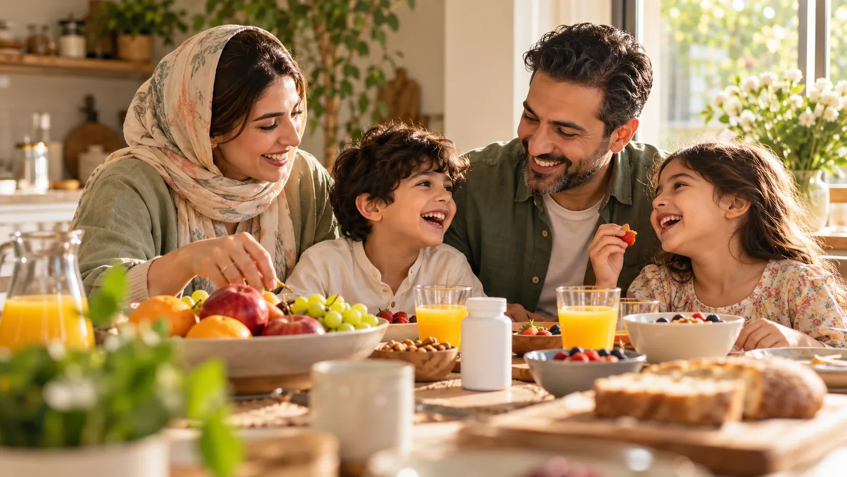 خانواده‌ای خندان دور میز صبحانه